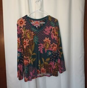 Johnny Was Delfini V Neck Kimono Sleeve Tee Small Bohemian Floral Bamboo NWT